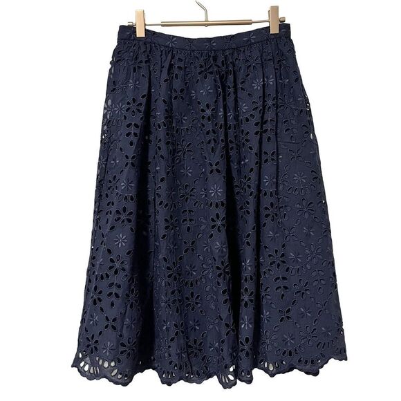 J Crew Embroidered Eyelet Midi Skirt Size 2 Navy Blue A-Line Embroidered NEW - Picture 1 of 9